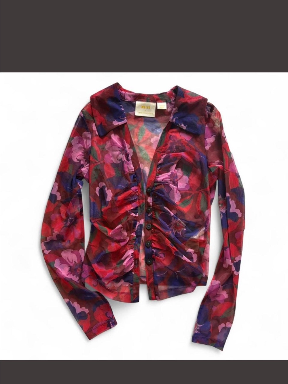 Maeve Sheer Floral Button-Up Top in Red, Pink & Purple size XS